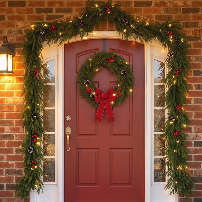 6ft Norfolk Pine Christmas Garland,Thick-Lush Faux Cedar Greenery (118 Full Branches) with LED Lights(40 Pieces), Pinecones & Red Berries for Fireplace Mantels, Tables, Walls | Indoor & Outdoor Decor