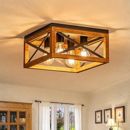 Farmhouse Ceiling Light, 4-Light Flush Mount Ceiling Light with Black Metal and Wood, Rustic Light Fixture for Hallway, Entryway, Kitchen
