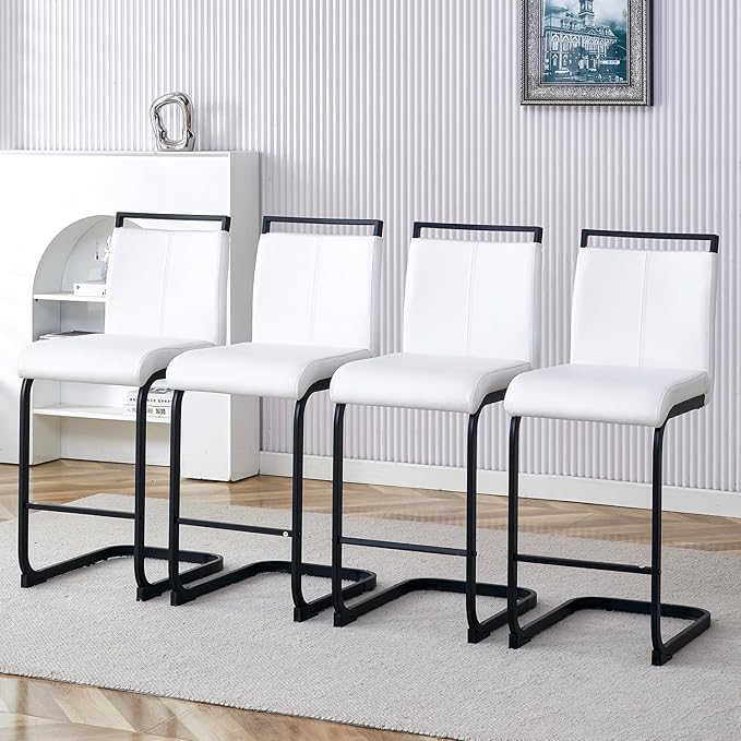 Bar Stools Set of 4,25" Counter Height Bar Stools with Footrest,White Faux Leather Kitchen Stools with Black Painted Metal Leg,White Bar Stools Ideal for Island Pub Kitchen Counter Dining Chair