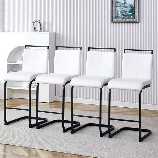 Bar Stools Set of 4,25" Counter Height Bar Stools with Footrest,White Faux Leather Kitchen Stools with Black Painted Metal Leg,White Bar Stools Ideal for Island Pub Kitchen Counter Dining Chair
