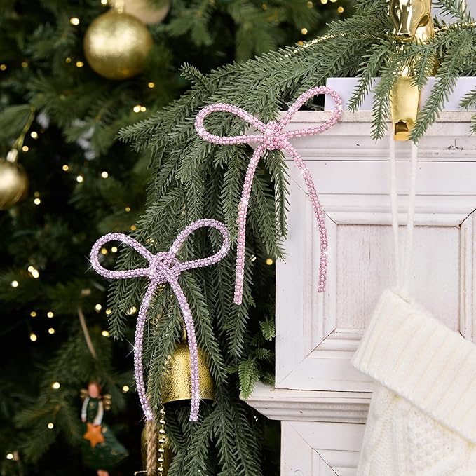 FLAIR GIFTS 6 Pcs 4.3" x 6" 2025 Christmas Bows for Tree Decor, Mix Pink Sparkly Glitter Rhinestone Bow Ornaments with Twist Tie for Xmas Decoration, Wreath, Garland, Gift Wrapping