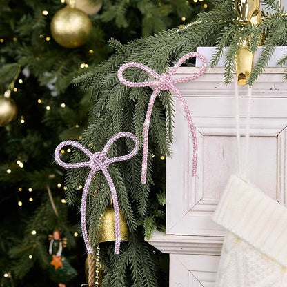 FLAIR GIFTS 6 Pcs 4.3" x 6" 2025 Christmas Bows for Tree Decor, Mix Pink Sparkly Glitter Rhinestone Bow Ornaments with Twist Tie for Xmas Decoration, Wreath, Garland, Gift Wrapping