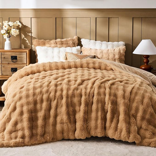 Lotus Karen Faux Fur Queen Comforter Set – Brown Fluffy Comforter Queen Size, Big Bubble Faux Rabbit Fur Bedding Comforter Sets, Winter Warm Cozy Fuzzy Bed Set 3 Pieces, 1 Comforter and 2 Pillowcases