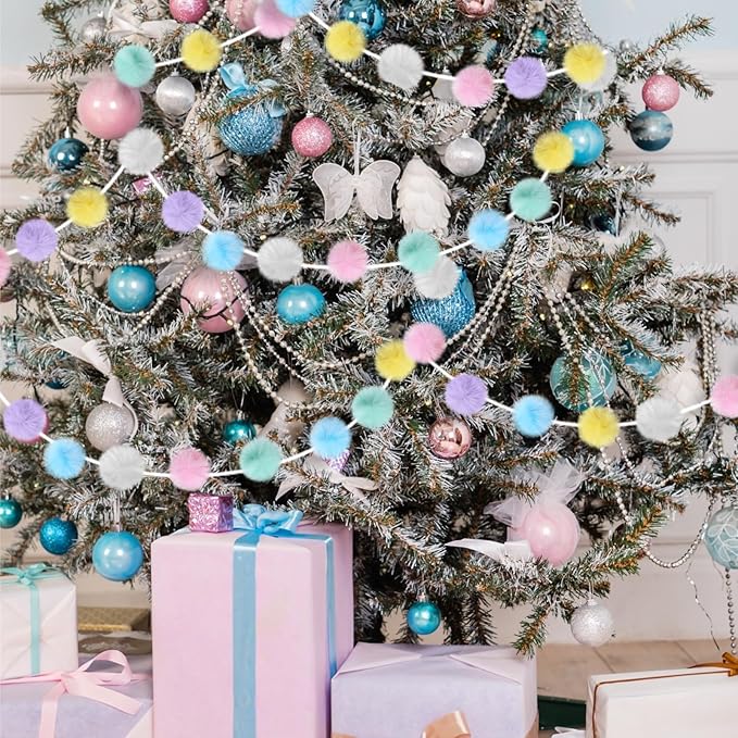 2 Pack Large Pom Poms Garland Hanging Decorations Colorful Soft Faux Rabbit Fur Ball Garland for Easter Xmas Holiday Wedding Baby Shower Birthday Party Supplies(Pastel Color,2.36 Inch)