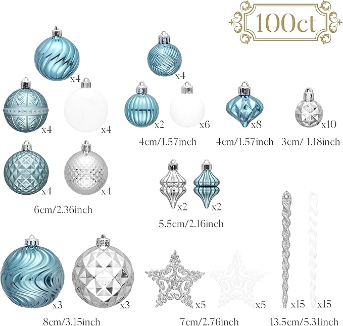 Valery Madelyn 100ct Christmas Tree Decorations Ball Ornament Set, Light Blue Silver Shatterproof Hanging Ornaments Bulk for Xmas Holiday Party Decor
