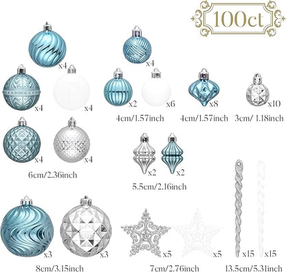 Valery Madelyn 100ct Christmas Tree Decorations Ball Ornament Set, Light Blue Silver Shatterproof Hanging Ornaments Bulk for Xmas Holiday Party Decor