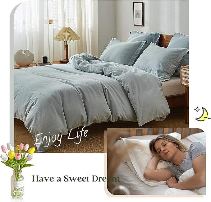 Simple&Opulence 100% Linen Duvet Cover Set, 3 PCS Natural French Flax Dusty Blue Duvet Cover King Size, Breathable Soft Comfy Linen Bedding Comforter Cover with 2 Pillowcases(Dusty Blue, 104"x92")