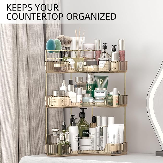 Corner Bathroom Counter Organizer with Top Toothbrush Holders, 3-Tier Make Up Organizers for Vanity with Brush Holder, Corner Storage for Bathroom, Kitchen, Dresser