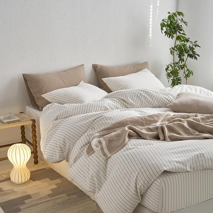 MooMee Striped Duvet Cover Set 100% Washed Cotton Linen Like Textured Breathable Durable Soft Comfy (White Tannish Linen Grey Wide Stripes, Super Queen 90"x98")