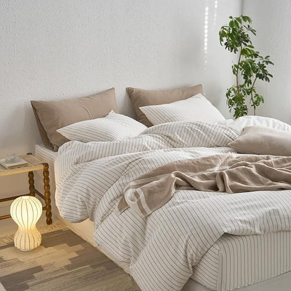 MooMee Striped Duvet Cover Set 100% Washed Cotton Linen Like Textured Breathable Durable Soft Comfy (White Tannish Linen Grey Wide Stripes, King 104"x90")