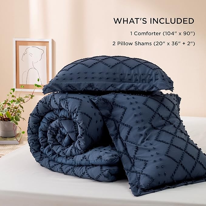 Bedsure King Comforter Set - Navy Blue Comforter, Boho Tufted Shabby Chic Bedding for Kids, 3 Pieces Vintage Farmhouse Bed Set for All Seasons, Fluffy Soft Bedding with 2 Pillow Shams