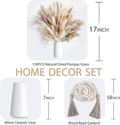150pcs Pampas Grass + 1 White Ceramic vase + 1 Wood Bead Garland , Boho Home Decor Bouquet Phragmites Dried Flowers Bouquet for Wedding Floral Arrangements Home Decorations