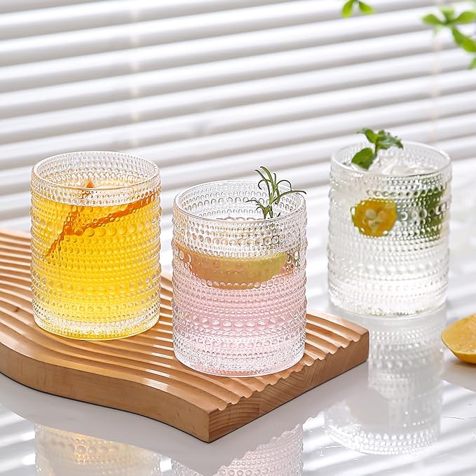 Vintage Hobnail Drinking Glasses Set of 8,Clear 12 oz & 15oz Highball Glass Cups, Kitchen Drinkware Glassware