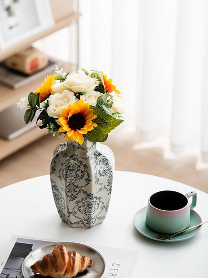 Blue and White Vase, Vintage Blue Ceramic Flower Vessel,Ceramic vases for Home Decor,Vintage Green and Beige for Console Table Mantle Chinoiserie Decor (Retro-03, Large)