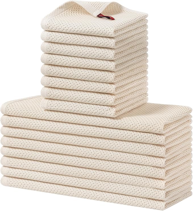 Homaxy 100% Cotton Kitchen Towels and Dishcloths Set, 12 x 12 Inches and 13 x 28 Inches, Set of 16 Bulk Kitchen Towels Set, Ultra Soft Absorbent Dish Cloths for Washing Dishes, Beige