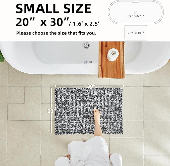 Black and White Bathroom Rugs, Waffle Rug Bathroom Non Slip Washable Long Super Absorbent Quick Dry Boho Farmhouse Bath Decor, 60"x24" Black and White