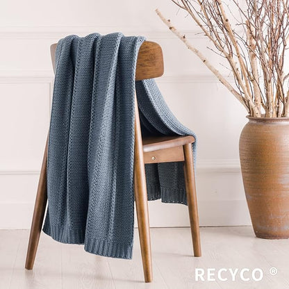 RECYCO Cable Knit Dusty Blue Throw Blanket, Super Soft Warm Cozy Decorative Knitted Throw Blanket 2.3LB for Bed, Chair 50"x60"