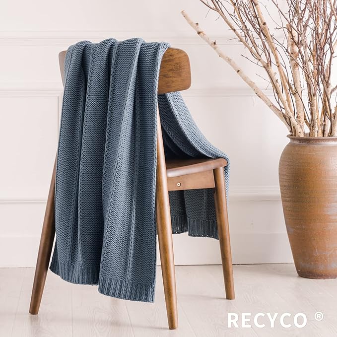 RECYCO Cable Knit Dusty Blue Throw Blanket Twin Size, Super Soft Warm Cozy Decorative Knitted Throw Blanket 3.6LB for Large 60"x80"