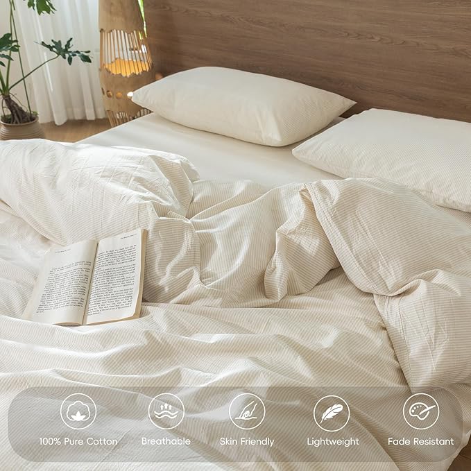 MooMee Striped Duvet Cover Set 100% Washed Cotton Linen Like Textured Breathable Durable Soft Comfy (Almond Milk Grey Pinstripes, Alaska King 132"x120")
