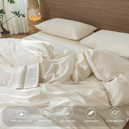 MooMee Striped Duvet Cover Set 100% Washed Cotton Linen Like Textured Breathable Durable Soft Comfy (Almond Milk Grey Pinstripes, Cal King 104"x98")