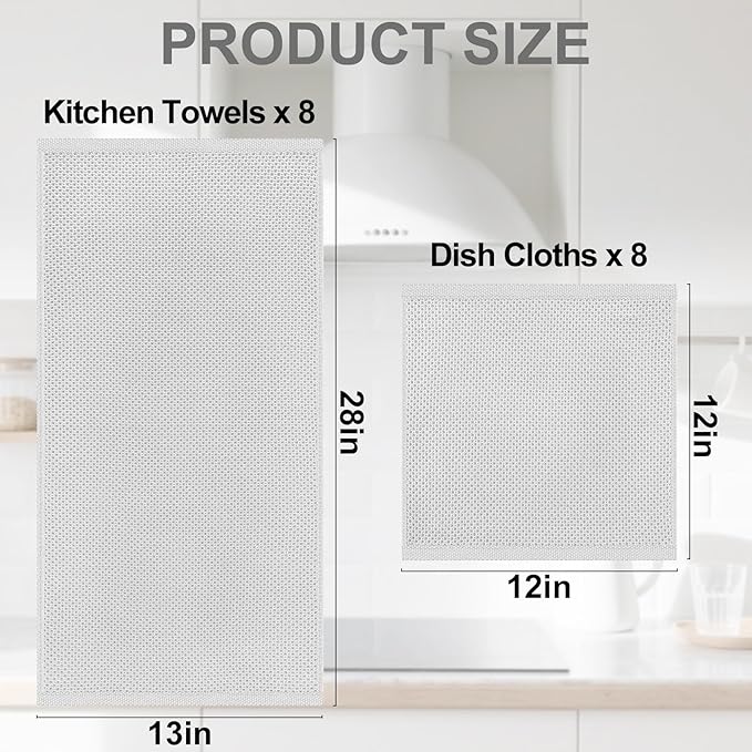 Homaxy 100% Cotton Kitchen Towels and Dishcloths Set, 12 x 12 Inches and 13 x 28 Inches, Set of 16 Bulk Kitchen Towels Set, Ultra Soft Absorbent Dish Cloths for Washing Dishes, Light Gray