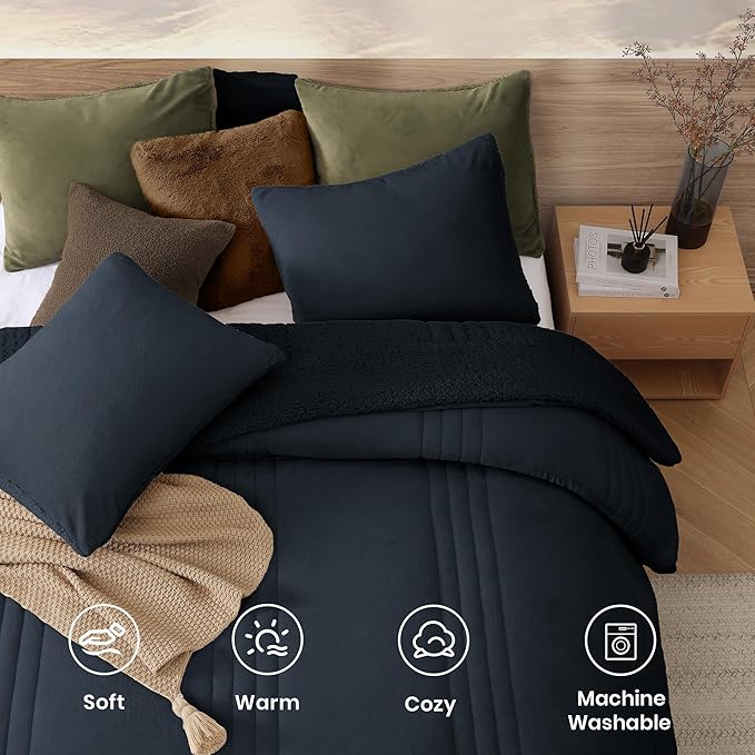 Monbix Fluffy Queen Comforter Set Navy Blue, Sherpa Plush Fuzzy Comforter 3 Piece for Queen Size Bed, Luxury Soft Winter Warm Bedding Set