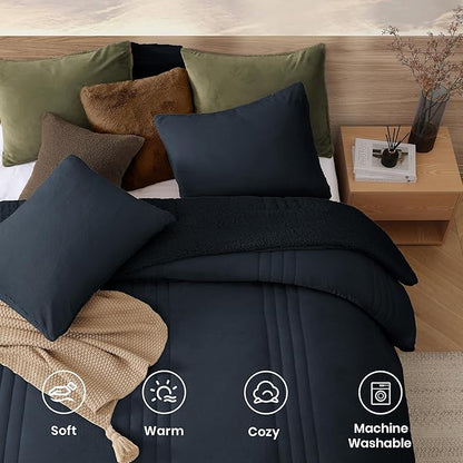 Monbix Fluffy Full Comforter Set Navy Blue, Sherpa Plush Fuzzy Comforter 3 Piece for Full Size Bed, Luxury Soft Winter Warm Bedding Set