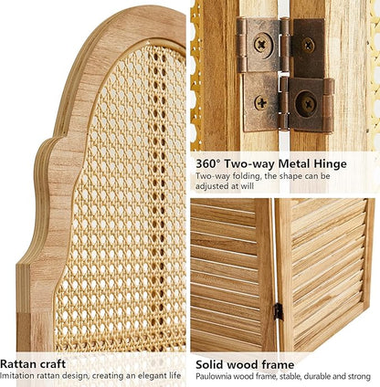 6 Panels Room Divider, Rustic Rattan Room Divider, Wood Folding Privacy Screen, Foldable Wood Divider Wall, Separate Portable Partition Screen, Wall Divider for Room Separation (Natural)