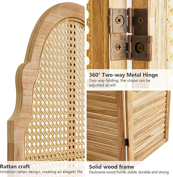 4 Panels Room Divider Wall, Rustic Rattan Room Divider, Wood Folding Privacy Screen, Foldable Wood Divider Wall, Portable Partition Screen, Wall Divider for Room Separation (Natural)