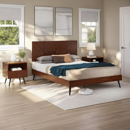 Bme Rhombus Queen Bed Frame – Solid Acacia Wood with Geometric Rhombus Headboard, Walnut Finish, Scandinavian Modern Platform Bed with Sturdy Slats & Metal Legs, No Box Spring Needed