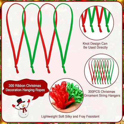 JUNEBRUSHS 300Pcs Christmas Ornament Ribbon Hangers, Hand Tied String Ties Ornaments Loops Thin Ribbon for Ornaments Christmas Tree Hanging Decoration Red Green