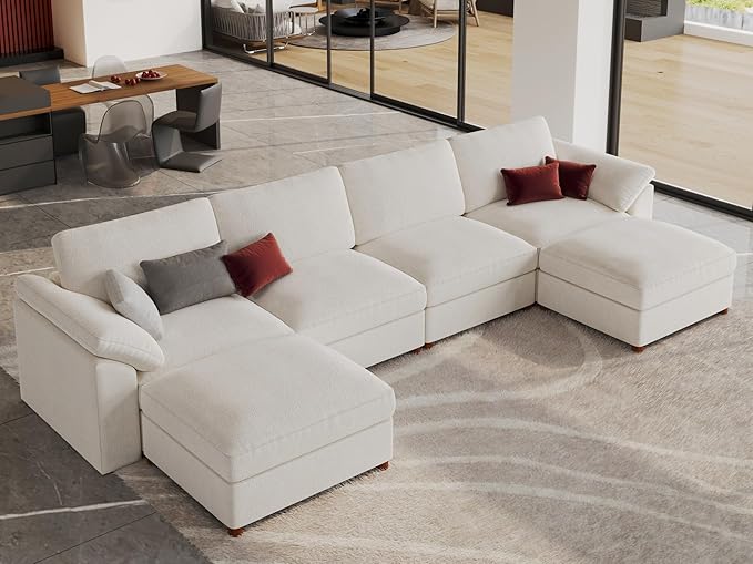 EASE MOOSE Oversized U Shape Sectional Modular Sofa with Ottoman, Comfty Deep Seat Sectional Modular Sofa Couch for Living Room,Removable Cover,White