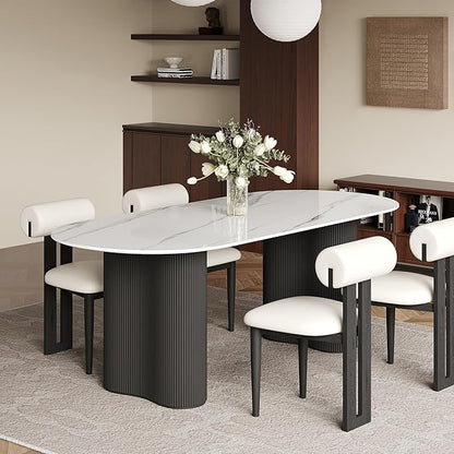 71" Modern Oval Dining Table for 6, Glossy White Sintered Stone Dining Tabletop with Black Dual-Pedestal, Easy Assembly Dining Room Table for Home Kitchen (Table Only)