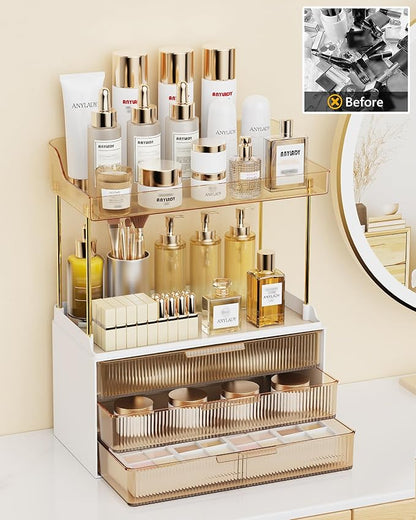 Bathroom Organizers and Storage, Makeup Organizer (Sturdy Durable Attractive), Ideal for Vanity, Countertop, Counter, Perfume, Skincare, Cabinet, Cosmetic, Dresser Organizer (Gold)