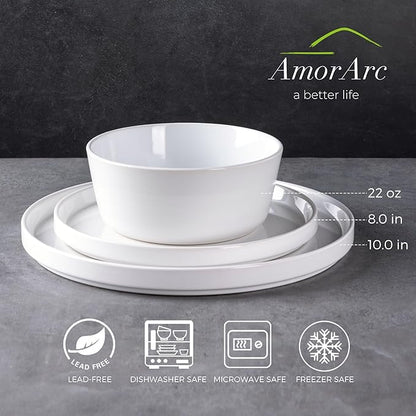 AmorArc Dinnerware Sets for 4, 12 Piece Stoneware Plates and Bowls Set, Scratch Resistant Plates Set, Dishwasher & Microwave Safe Ceramic Dishes - (White, Service for 4)