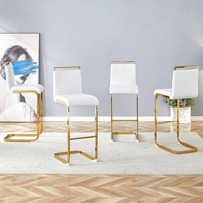 Counter Height Bar Stools Set of 4,Gold Bar Stools with Back,30" White Island Chairs with Gold Chrome Plated Metal Leg,Faux Leather Barstools for Pub Kitchen Counter Dining Chair