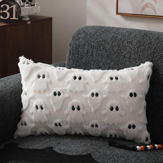 DFXSZ Halloween Pillow Covers 12x20 inch Set of 2 White Ghost Throw Pillow Cases Soft Plush Faux Fur Wool Cushion Case for Chair Bedroom Living Room Home Decor PTK03A12