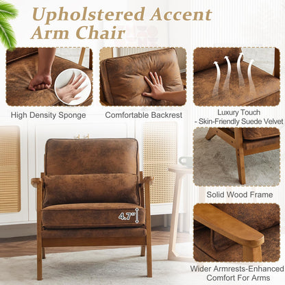 VINGLI Solid Wood Wide Armrests Accent Chair,Upholstered Mid Century Modern Chair with Pillow,Comfy Reading Chair Farmhouse Arm Chair,Chairs Living Room,Bedroom,Guest Room,Teddy Fleece,Khaki