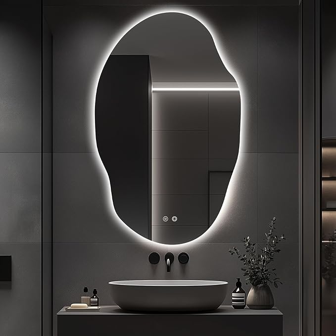 Asymmetrical LED Bathroom Mirror with Lights,Irregular Led Bathroom Vanity Mirror for Wall with Front and Backlit, Anti Fog, 3 Colors and Dimmable Light,[Horizontal/Vertical] 48" H x 30" W
