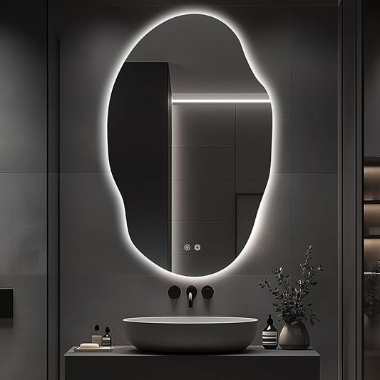 Asymmetrical LED Bathroom Mirror with Lights,Irregular Led Bathroom Vanity Mirror for Wall with Front and Backlit, Anti Fog, 3 Colors and Dimmable Light,[Horizontal/Vertical] 48" H x 30" W