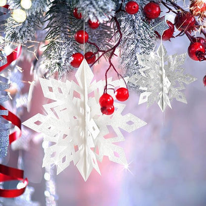 GuassLee Christmas Hanging Snowflakes Decorations, 15pcs 3D Glitter White Silver Paper Snowflakes Snow Flakes Garland for Winter Wonderland Frozen Christmas Birthday Party Decorations