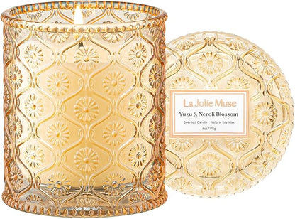 LA JOLIE MUSE Yuzu & Neroli Blossom Candle - Yuzu, Orange Blossom, Cedarwood | 6 oz Natural Soy Wax | 40 Hours Clean Burn | Citrus Scented Candle | Gift-Ready for Hosts & Gatherings