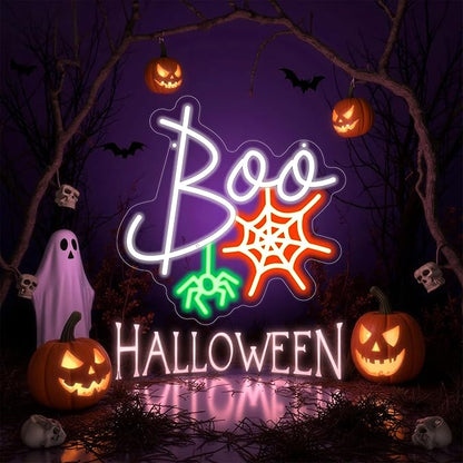Boo Neon Sign Ghost Neon Light Lets Get Spooky Neon Light Halloween Home Decor Light, Orange White BOO Bat Neon Sign for Trick or Treat Party Backdrop Bedroom Club Bar Festival Gift
