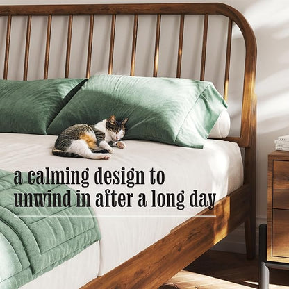 DG Casa Wesley Solid Wood King Size Bed Frame - Mid Century Modern Style, Platform with Spindle Headboard and Footboard, No Box Spring Required, Walnut Finish