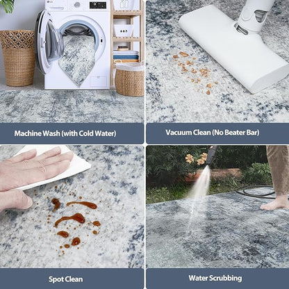 Runner Rug for Hallways Kitchen 2'6"x8' Washable Non Slip: Carpet Non Skid 8ft Entryway Rubber Backed 8 Feet Neutral Abstract Modern Rug Low Pile Pet Friendly Indoor Blue Grey