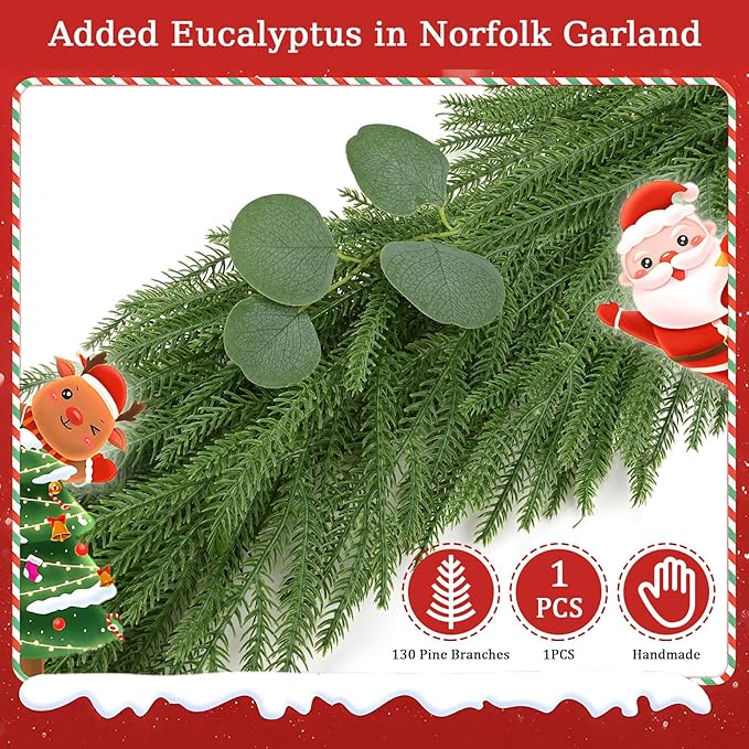 Christmas Garland Mixed with Eucalyptus,9FT Artificial Realistic Norfolk Pine Garland,Real Touch Cedar Pine Thick Greenery Faux Garland for Xmas Mantle,Stairs,Window,Fireplace(1, with 4 Ties)