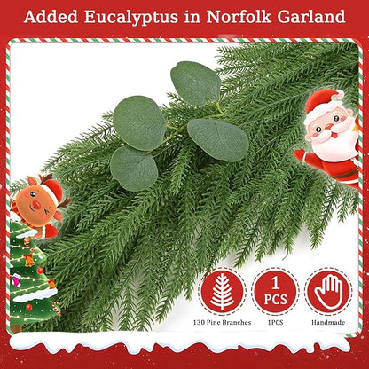 Christmas Garland Mixed with Eucalyptus,9FT Artificial Realistic Norfolk Pine Garland,Real Touch Cedar Pine Thick Greenery Faux Garland for Xmas Mantle,Stairs,Window,Fireplace(1, with 4 Ties)