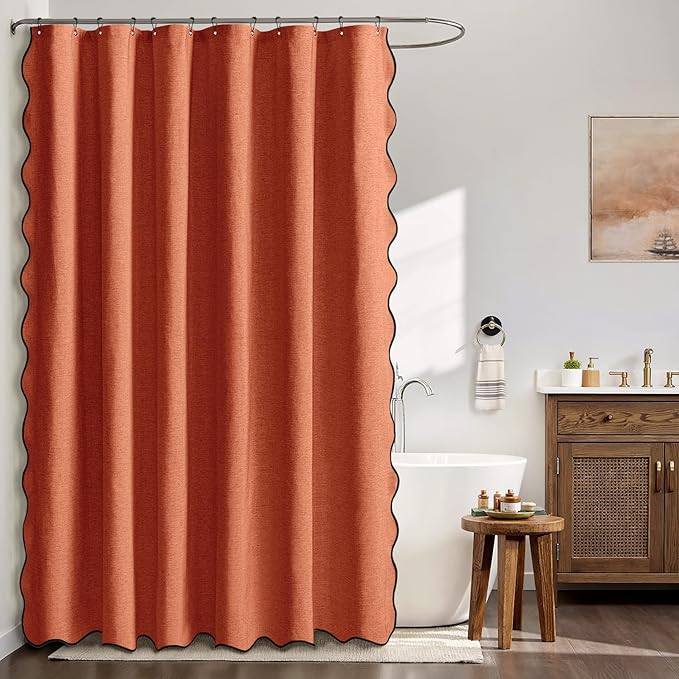 MIULEE 84" Long Scalloped Shower Curtain Linen Textured with 12 Metal Hooks Cute Extra Long Heavy Duty Washable Waterproof Cloth Curtains with Black Border for Bathroom Hotel Bathtub,Burnt Orange