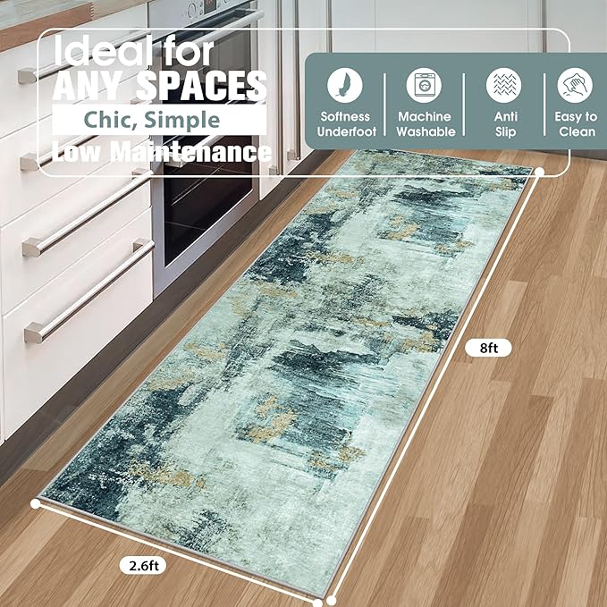 Runner Rug for Hallways Kitchen 2'6"x8' Washable Non Slip: Carpet Non Skid 8ft Entryway Rubber Backed 8 Feet Neutral Abstract Modern Rug Low Pile Pet Friendly Indoor Teal Grey Gold