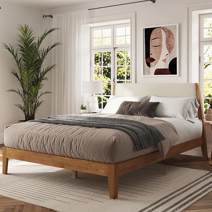 DG Casa Vandermark Solid Wood Easy Install Queen Bed Frame with Unique Headboard and Wooden Slat Support Included No Box Spring Required - Beige Walnut